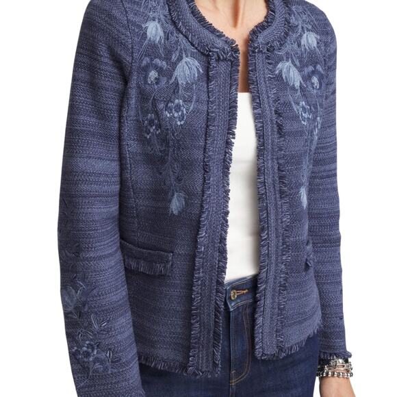 Chicos Embroidered Denim Blue Cardigan Sweater Jacket Size 1 / Medium - Picture 3 of 10
